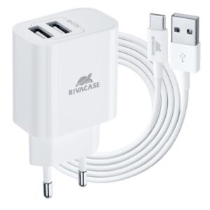 Caricabatterie da Parete Rivacase 12W 2 Porte USB Bianco con Cavo