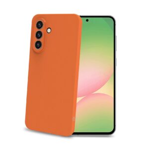 Celly SANDCASE - Cover morbida in TPU con tasti e bordo fotocamera colore a contrasto, effetto sabbiato colore trasparente arancione compatibile con Samsung Galaxy A57 5G - Cover