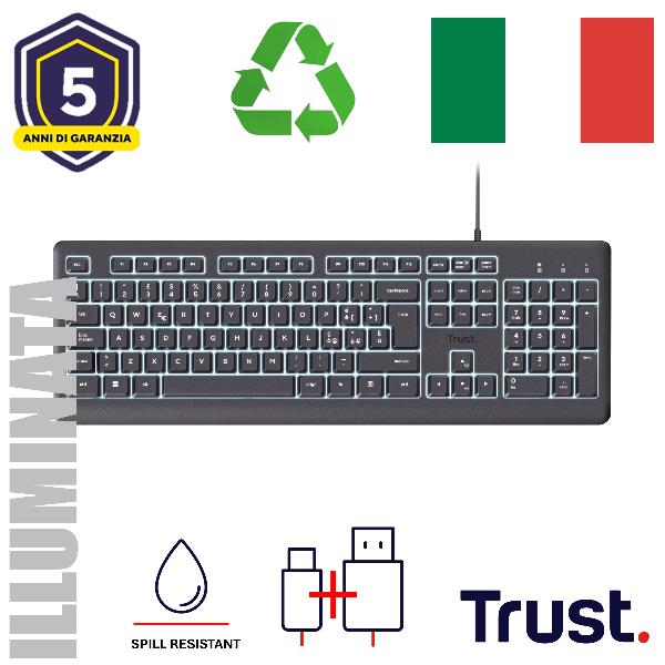 Tastiera Trust PRIMO ILLUMINATED KEYBOARD IT USB Nero Retroilluminata - SKU: 25820