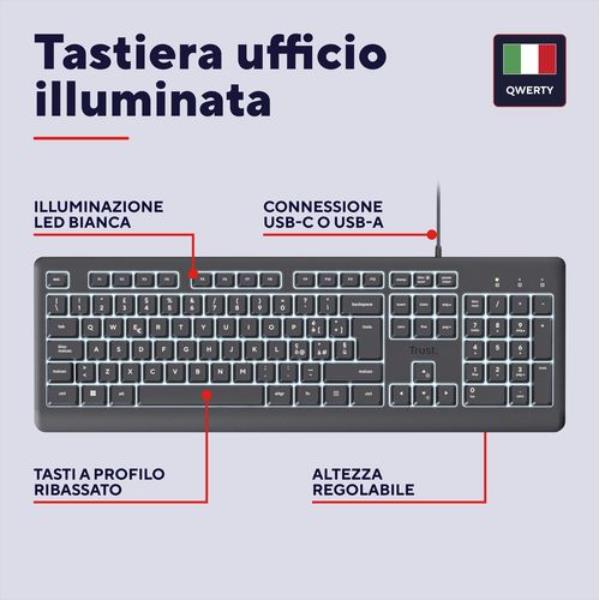 Tastiera Trust PRIMO ILLUMINATED KEYBOARD IT USB Nero Retroilluminata - SKU: 25820 - Immagine 2