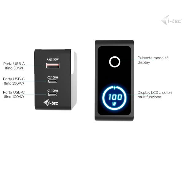 Caricabatterie I-Tec USB-C PD 3.0 100W Universale Nero - SKU: CHARG-INTG100W - Immagine 3