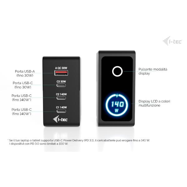 Caricabatterie I-Tec USB-C PD 3.0 140W Nero - SKU: CHARG-INTG140W - Immagine 2