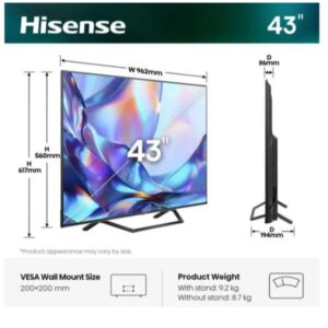 TV Hisense 43 A79S QLED 4K UHD Smart VIDAA 43 Pollici - SKU: 43A79S