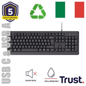 Tastiera Trust Primo Cablata Resistente agli Sversamenti Layout Italiano Nero