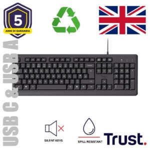 Tastiera Trust TK-150 Silent USB Layout UK Nero per Ufficio