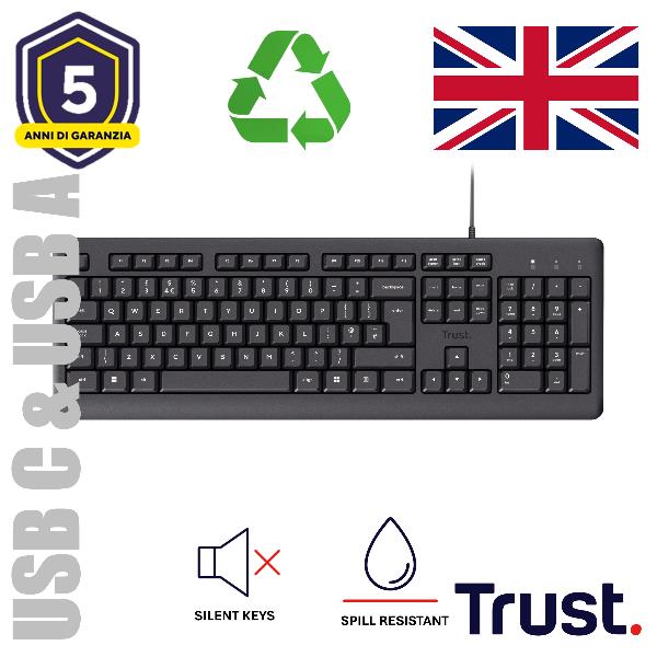 Tastiera Trust TK-150 Silent USB Layout UK Nero per Ufficio