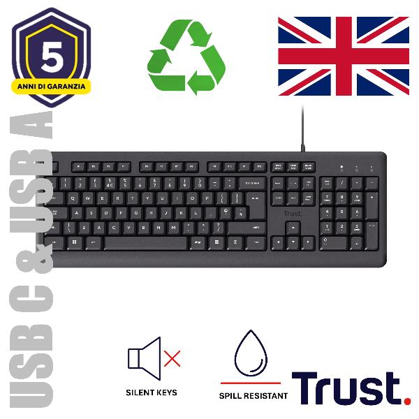Tastiera Trust TK-150 Silent USB Layout UK Nero per Ufficio - immagine 3