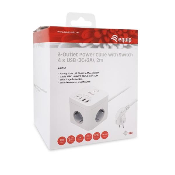 Multiprese EQUIP Power Cube 3 Prese con Interruttore, Cavo 2 m, Bianco - SKU: 245557 - Immagine 4