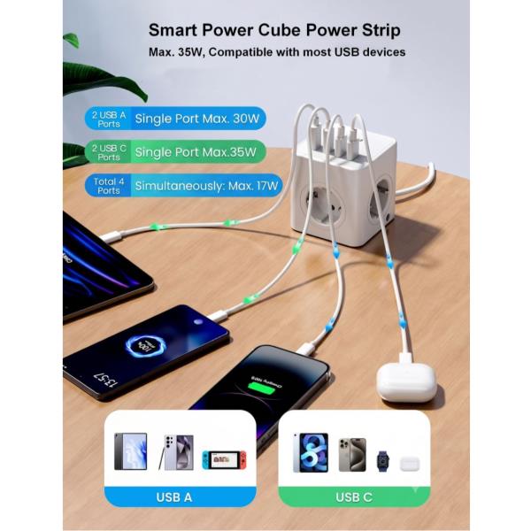 Multiprese EQUIP Power Cube 3 Prese con Interruttore, Cavo 2 m, Bianco - SKU: 245557 - Immagine 5