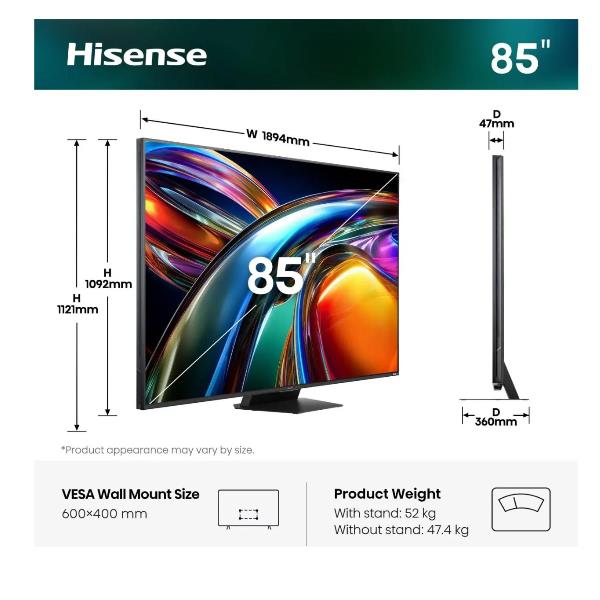 TV Hisense 85UR9S 85 Mini LED 4K UHD Smart VIDAA 180Hz - SKU: 85UR9S