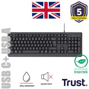 Tastiera Trust TK-150 Silent USB Layout UK Nero per Ufficio