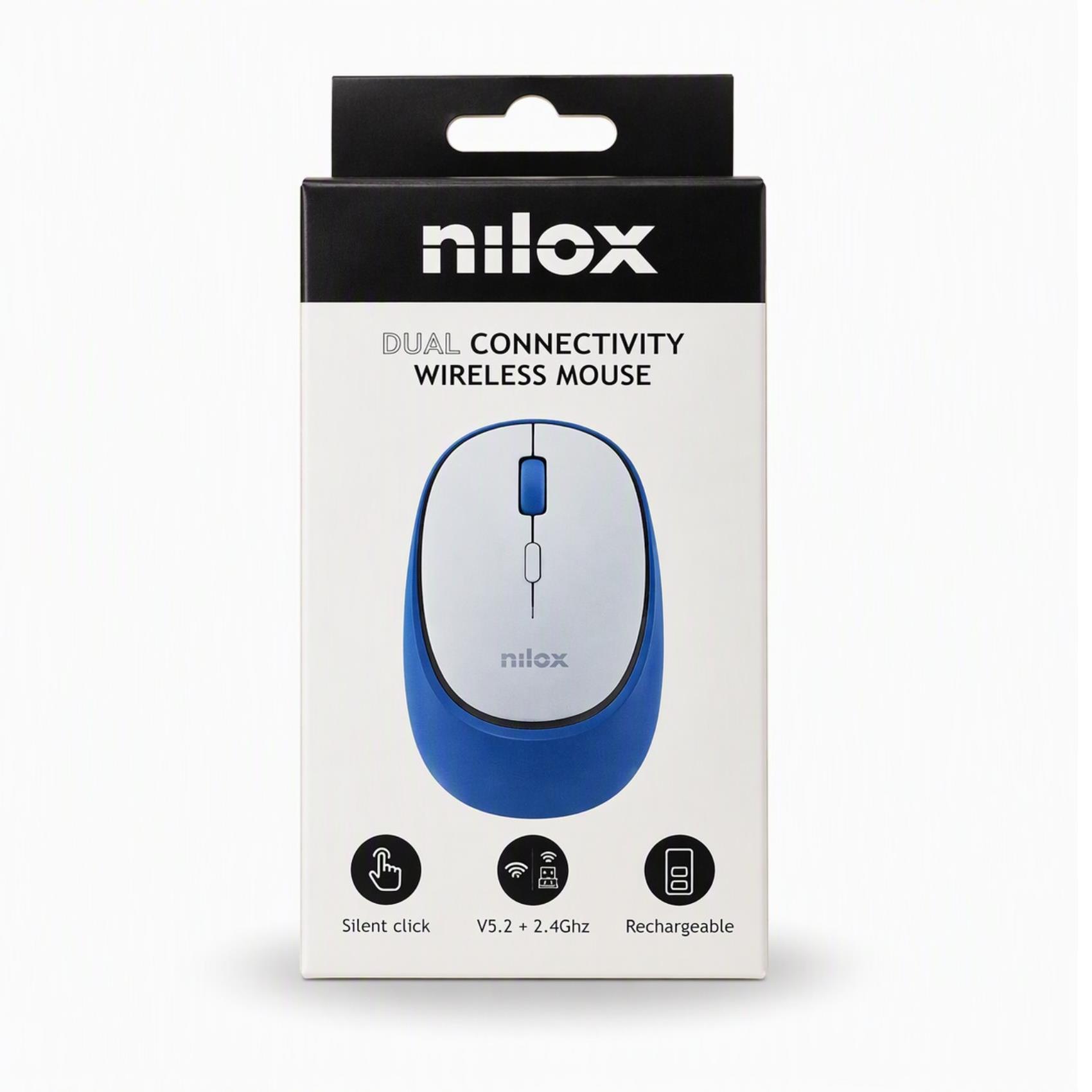 Mouse Wireless Nilox DUAL Bluetooth 5.2 e Dongle 2.4GHz Ricaricabile Azzurro - immagine 2